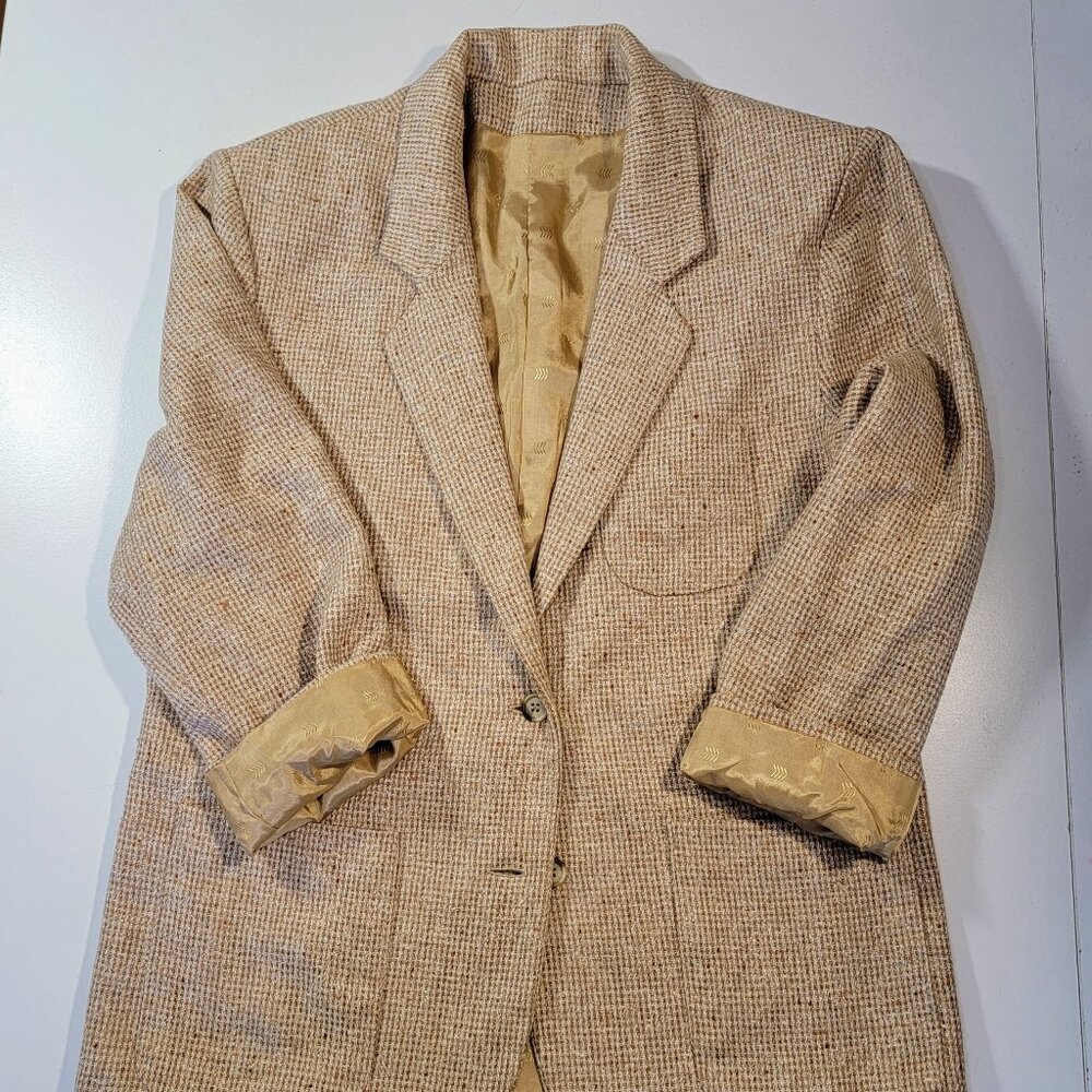 Handmade Wool Blend Boyfriend Jacket Size 12 Fully Lined Light Brown Tweed